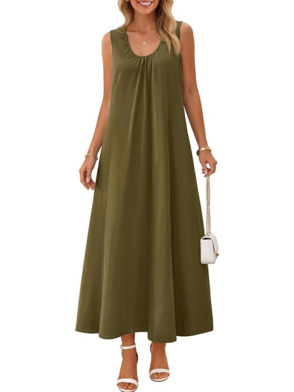 Women's Army Green Sundresses Ruch Beach Summer Sleeveless Loose Tank Maxi Dress